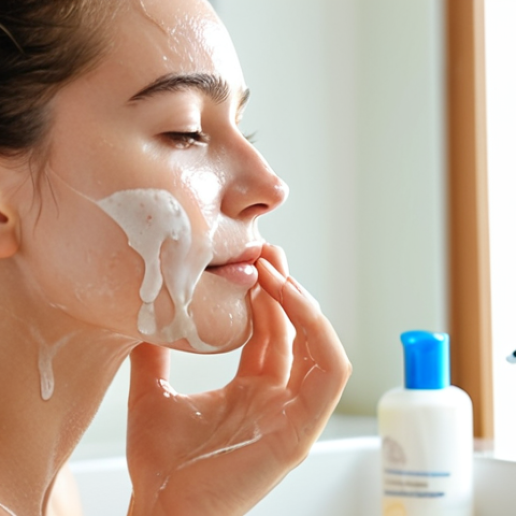 **

Close-up shot of a woman gently washing her face with a creamy cleanser in a bright bathroom. Soft, natural light. Focus on her serene expression and the gentle motion of her hands. A minimalist skincare routine is visible in the background: a fragrance-free moisturizer, and sunscreen.

**