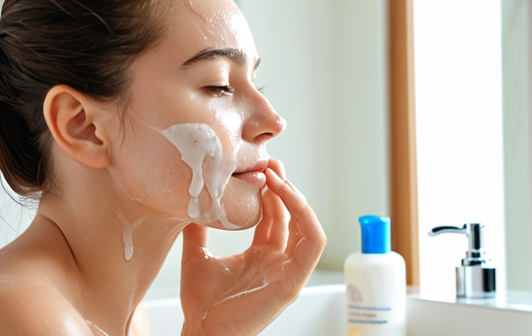 **
Close-up shot of a woman gently washing her face with a creamy cleanser in a bright bathroom. Soft, natural light. Focus on her serene expression and the gentle motion of her hands. A minimalist skincare routine is visible in the background: a fragrance-free moisturizer, and sunscreen.
**