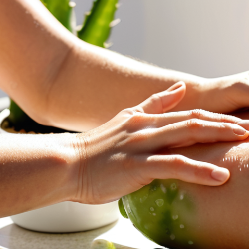 Home 6 **Prompt:** A person gently applying aloe vera gel to a sunburned arm. The scene is bright and sunny, with an aloe vera plant visible in the background. Focus on the soothing, cooling sensation.