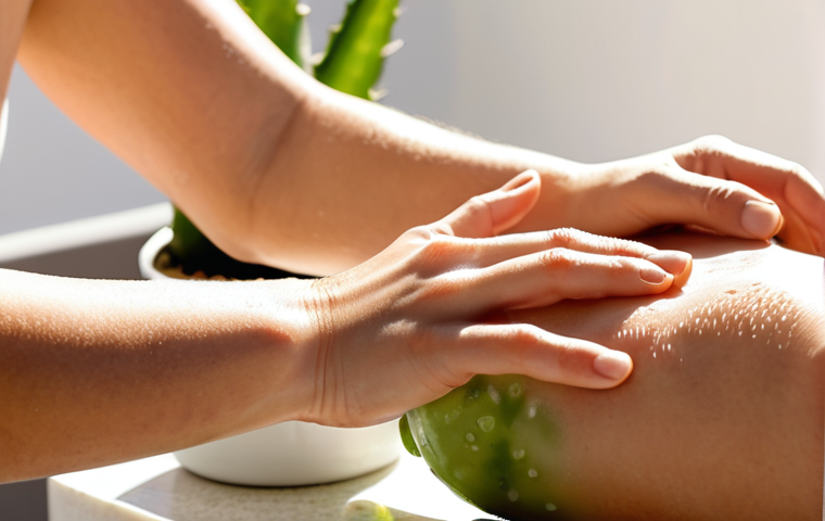 **Prompt:** A person gently applying aloe vera gel to a sunburned arm. The scene is bright and sunny, with an aloe vera plant visible in the background. Focus on the soothing, cooling sensation.