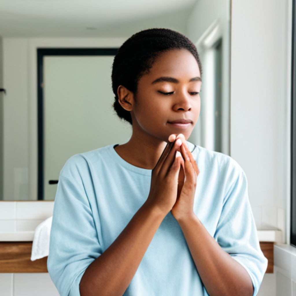 A calm young adult, fully clothed in a modest, soft cotton top, gently applying a fragrance-free moisturizer to their face in a clean, minimalist bathroom. Soft, natural light illuminates the scene, highlighting a few essential, simple skincare products on the counter. The person has a serene, thoughtful expression, embodying gentle self-care for sensitive skin. Perfect anatomy, correct proportions, natural pose, well-formed hands, proper finger count. Professional photography, high quality, safe for work, appropriate content, family-friendly, professional dress.