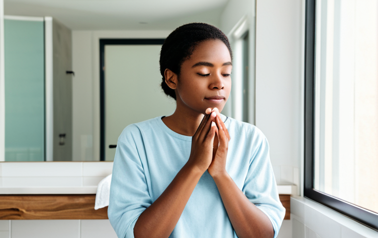 A calm young adult, fully clothed in a modest, soft cotton top, gently applying a fragrance-free moisturizer to their face in a clean, minimalist bathroom. Soft, natural light illuminates the scene, highlighting a few essential, simple skincare products on the counter. The person has a serene, thoughtful expression, embodying gentle self-care for sensitive skin. Perfect anatomy, correct proportions, natural pose, well-formed hands, proper finger count. Professional photography, high quality, safe for work, appropriate content, family-friendly, professional dress.