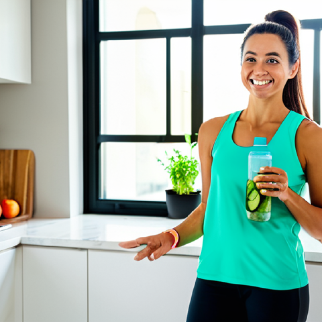 Internal Hydration & Healthy Lifestyle**

"A vibrant and healthy woman, fully clothed in athletic wear, holding a reusable water bottle filled with fruit-infused water (cucumber, lemon, mint). She is smiling radiantly, standing in a bright, modern kitchen filled with fresh fruits and vegetables. Sunlight streams through the window. Safe for work, appropriate content, fully clothed, modest, family-friendly. perfect anatomy, correct proportions, natural pose, well-formed hands, proper finger count, natural body proportions, professional photography, high quality."

**