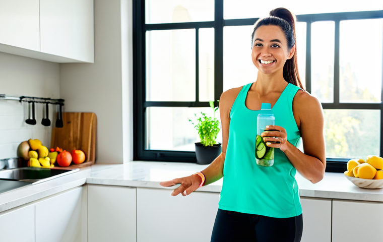 Internal Hydration & Healthy Lifestyle**

"A vibrant and healthy woman, fully clothed in athletic wear, holding a reusable water bottle filled with fruit-infused water (cucumber, lemon, mint). She is smiling radiantly, standing in a bright, modern kitchen filled with fresh fruits and vegetables. Sunlight streams through the window. Safe for work, appropriate content, fully clothed, modest, family-friendly. perfect anatomy, correct proportions, natural pose, well-formed hands, proper finger count, natural body proportions, professional photography, high quality."

**