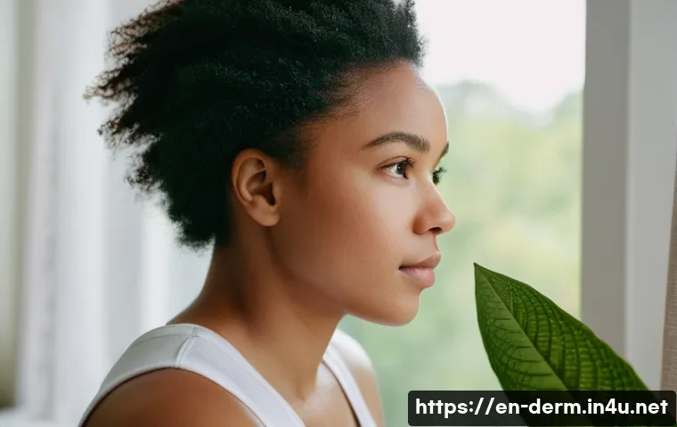 피부결 개선 루틴 - A close-up portrait of a diverse young woman examining her skin texture in natural daylight by a lar...