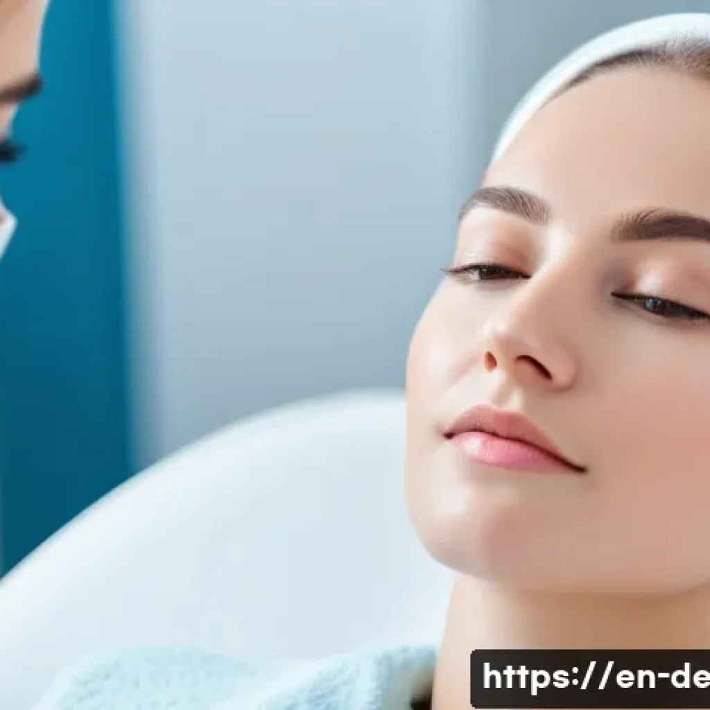 레이저 시술 적정 주기 - A detailed close-up portrait of a young woman with fair, sensitive skin receiving a gentle non-ablat...