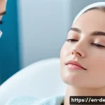 레이저 시술 적정 주기 - A detailed close-up portrait of a young woman with fair, sensitive skin receiving a gentle non-ablat...