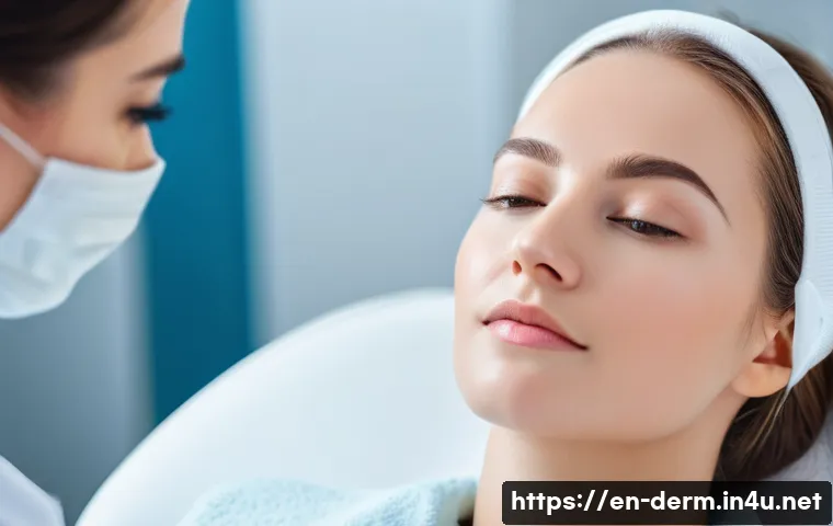 레이저 시술 적정 주기 - A detailed close-up portrait of a young woman with fair, sensitive skin receiving a gentle non-ablat...