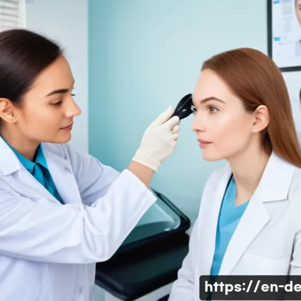 여드름 전문 피부과 추천 - A modern dermatology clinic room with a female dermatologist in a white lab coat carefully examining...