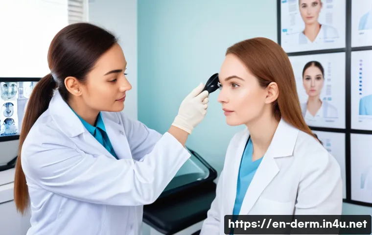 여드름 전문 피부과 추천 - A modern dermatology clinic room with a female dermatologist in a white lab coat carefully examining...