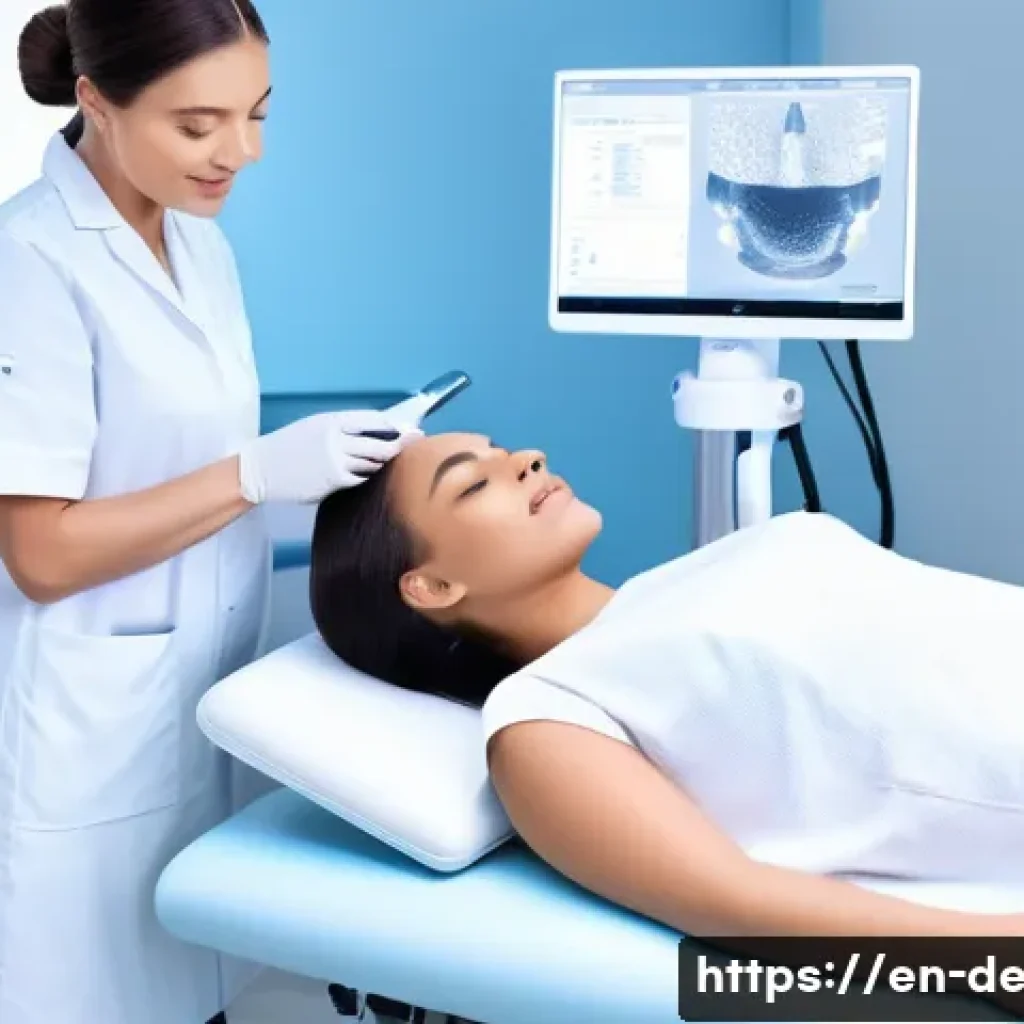 피부과 리프팅 최신 기술 - A serene, modern skincare clinic room with a female patient comfortably undergoing an ultrasound ski...