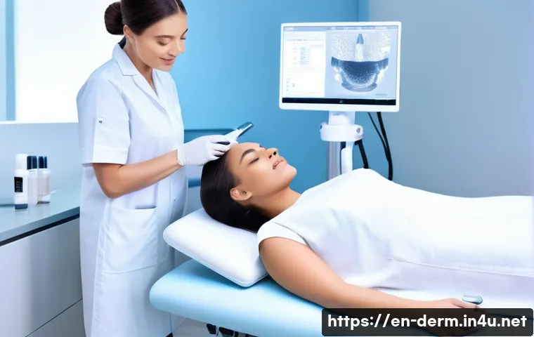 피부과 리프팅 최신 기술 - A serene, modern skincare clinic room with a female patient comfortably undergoing an ultrasound ski...