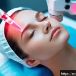 Home 22 안면홍조 완화 레이저 - A close-up portrait of a young woman undergoing a pulsed dye laser facial treatment in a modern derm...