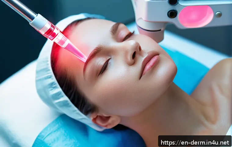 안면홍조 완화 레이저 - A close-up portrait of a young woman undergoing a pulsed dye laser facial treatment in a modern derm...