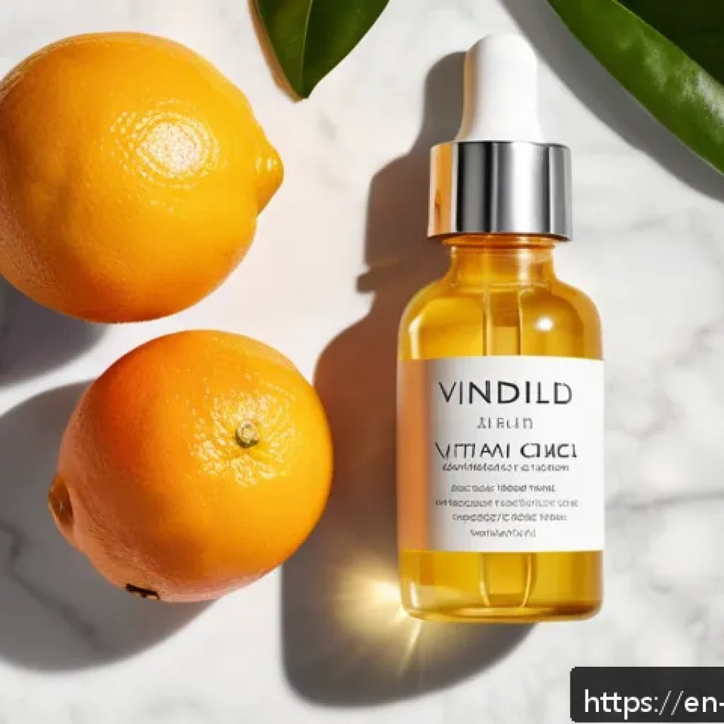 기미에 좋은 화장품 추천 - A bright, modern skincare flat lay featuring a clear glass bottle of vitamin C serum with a dropper,...