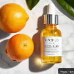 Home 21 기미에 좋은 화장품 추천 - A bright, modern skincare flat lay featuring a clear glass bottle of vitamin C serum with a dropper,...