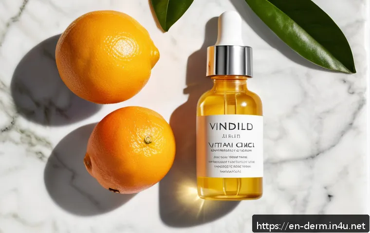 기미에 좋은 화장품 추천 - A bright, modern skincare flat lay featuring a clear glass bottle of vitamin C serum with a dropper,...
