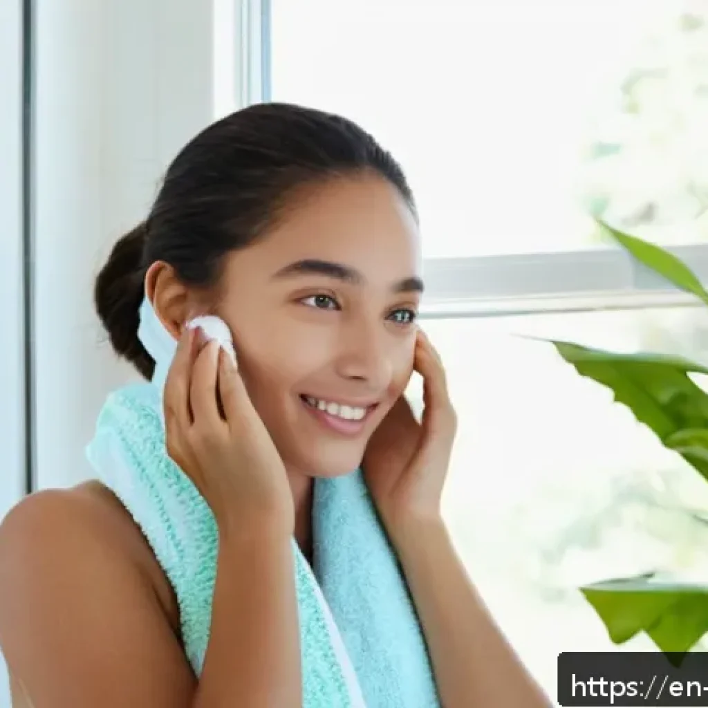 피부 시술 안전 팁 - A bright, clean bathroom setting showing a young woman with clear, healthy skin performing a "bare-f...