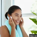 Home 20 피부 시술 안전 팁 - A bright, clean bathroom setting showing a young woman with clear, healthy skin performing a "bare-f...