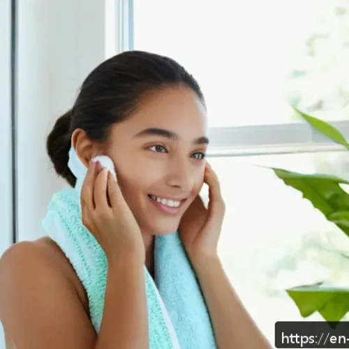 Home 32 피부 시술 안전 팁 - A bright, clean bathroom setting showing a young woman with clear, healthy skin performing a "bare-f...