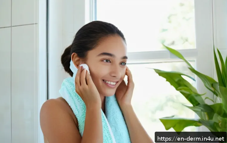 피부 시술 안전 팁 - A bright, clean bathroom setting showing a young woman with clear, healthy skin performing a "bare-f...