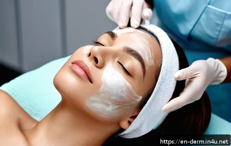 피부과 부위별 시술 종류 - A close-up portrait of a young adult woman with clear, glowing skin undergoing a professional facial...