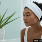 Home 18 피부 각질 관리 방법 - A serene bathroom scene featuring a young woman with clear, glowing skin gently applying a mild chem...