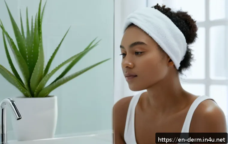 피부 각질 관리 방법 - A serene bathroom scene featuring a young woman with clear, glowing skin gently applying a mild chem...
