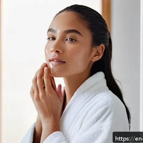 Home 17 피부과 여드름 관리 순서 - A close-up portrait of a young adult woman with clear, glowing skin gently cleansing her face in a b...