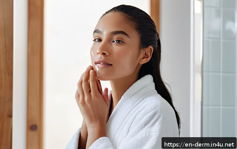 피부과 여드름 관리 순서 - A close-up portrait of a young adult woman with clear, glowing skin gently cleansing her face in a b...