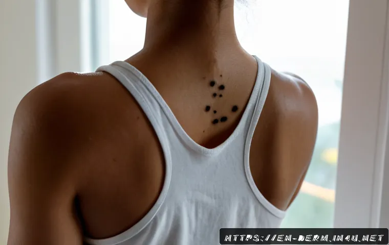 흑색종 피부암 초기증상 - Photorealistic close-up of an adult’s upper back and shoulder with a small irregular dark mole visib...
