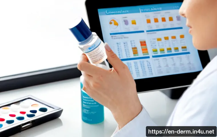 피부과 화장품 성분 분석 - Photorealistic close-up of a dermatologist’s clean consultation desk, an unbranded skincare moisturi...