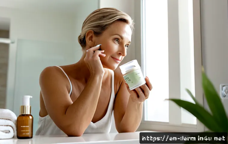 Home 17 피부 노화 방지 크림 추천 - Photorealistic editorial skincare scene, elegant middle-aged woman with healthy natural skin examini...